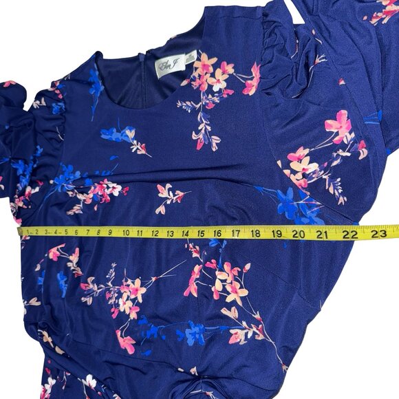 LEliza J's  Floral Navy Blue Puff Sleeve Waist Tie Leg Slit Long Dress Sz 18W - Picture 7 of 12